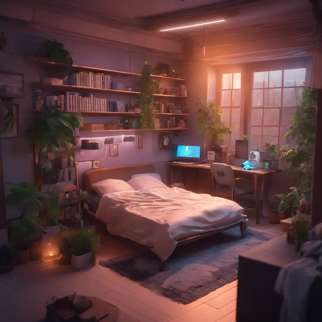 Nostalgic bedroom with a gaming pc, windows, plants bookshelves, desk, 3d art, muted colors, perfect lighting, night time, Highly Detailed, Behance, Isometric, 3D Rendering, Concept Art by Stanley Artgerm Lau