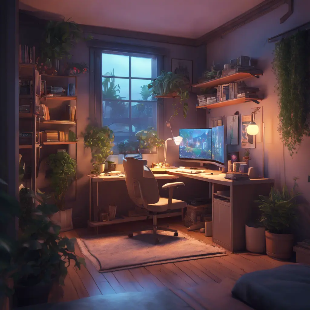 Nostalgic bedroom with a gaming pc, windows, plants bookshelves, desk, 3d art, muted colors, perfect lighting, night time, Highly Detailed, Behance, Isometric, 3D Rendering, Concept Art by Stanley Artgerm Lau