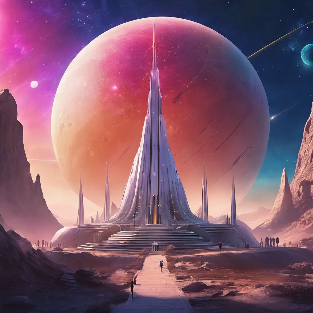 Cosmic round beautiful temple in the center of a futuristic community. Extraterrestrial landscape. Planet sirius. The moon and stars can be seen in the sky even during the day., Sci-Fi, Volumetric Lighting, Vibrant Colors by Stanley Artgerm Lau