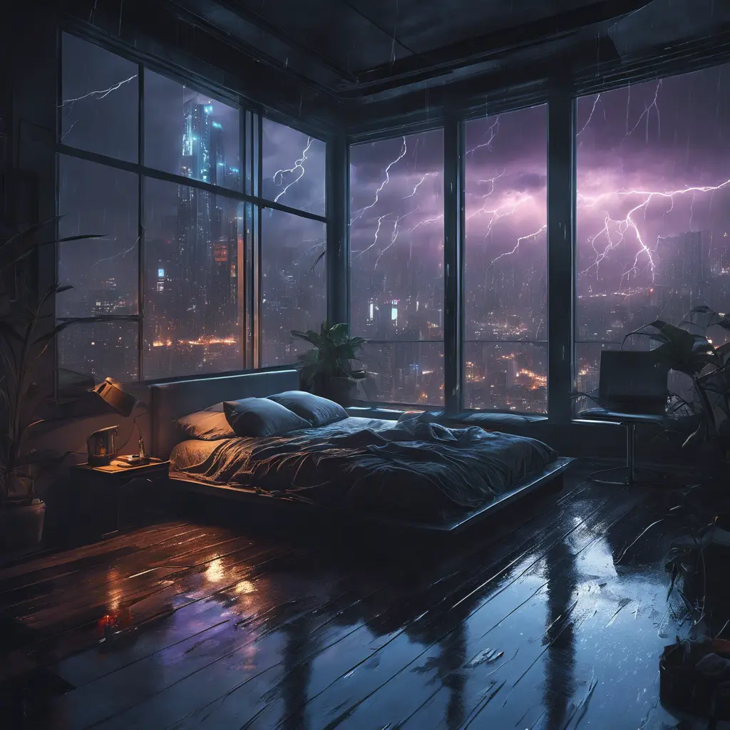 Beautiful cozy bedroom with floor to ceiling glass windows overlooking a cyberpunk city at night, thunderstorm outside with torrential rain, High Resolution, Highly Detailed, Darkwave, Gloomy by WLOP