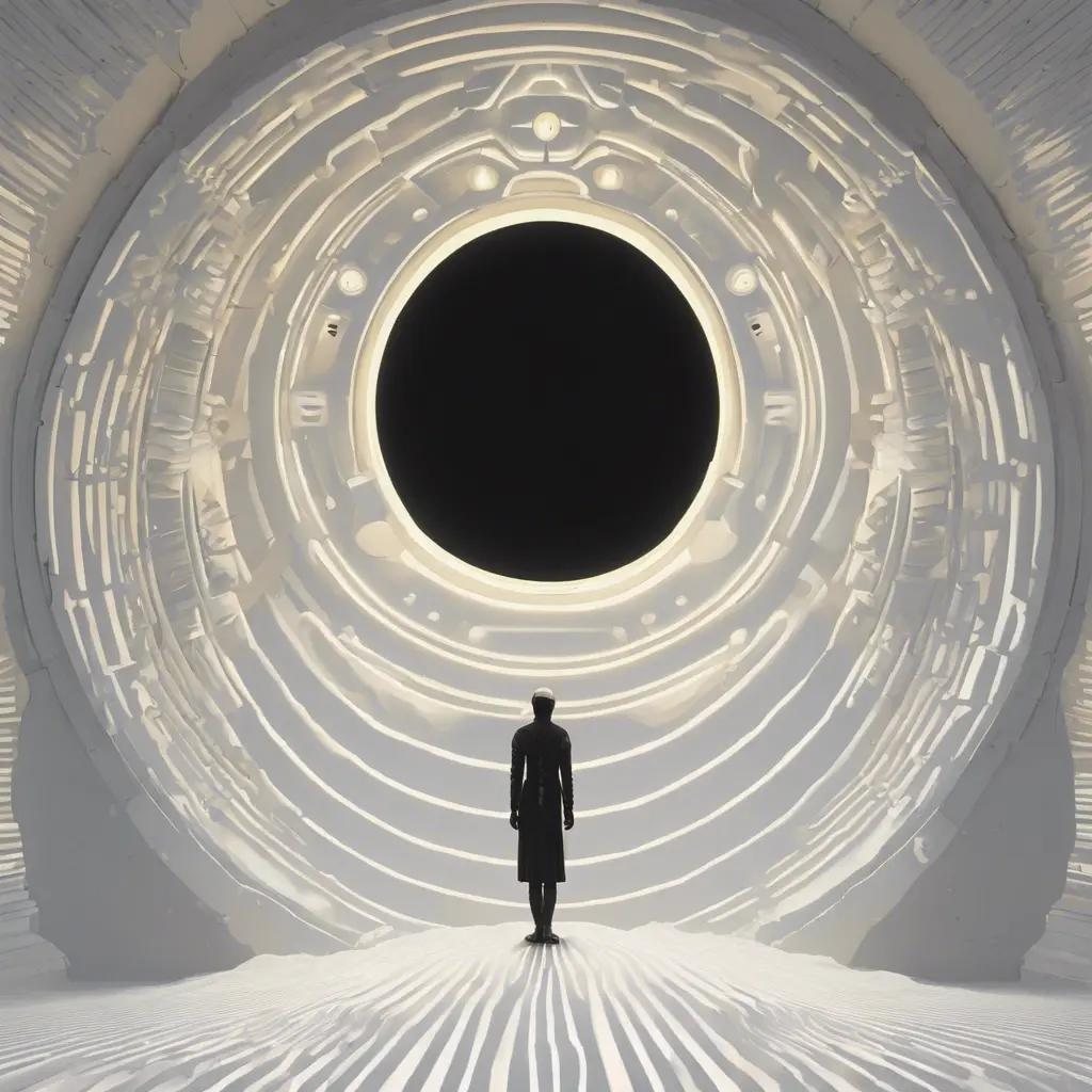 Psychedelic vantablack portal in a stark white void, adventurecore, dreamy, Futuristic, Sci-Fi by Andrey Remnev