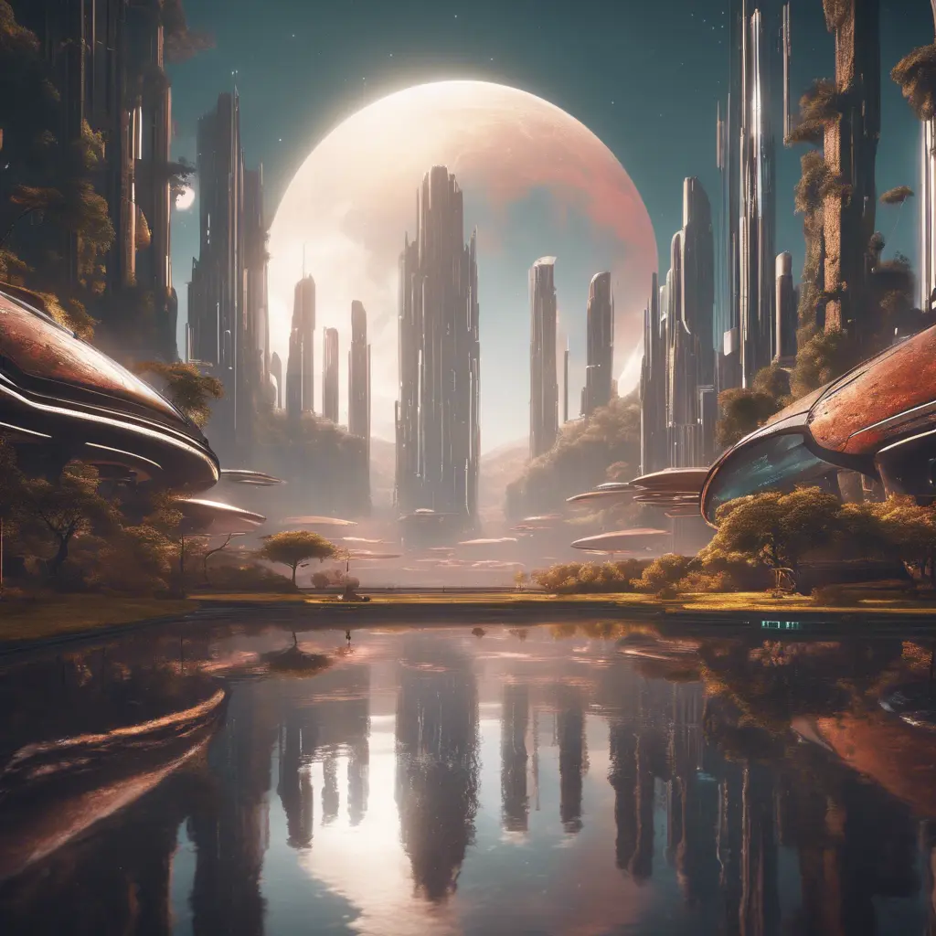 An utopian image of a world built using AI technology, Atmospheric, Sci-Fi, Cinematic Lighting