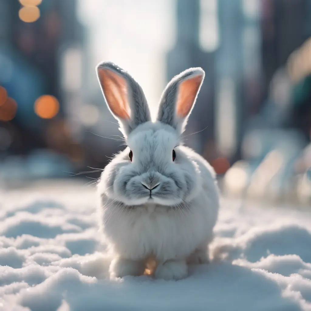 Thin lightweight light cute fluffy rabbit in a snowy Tokyo city street, 8k, Award-Winning, Highly Detailed, Minimalism, Stunning, Wallpaper, Cinematic Lighting