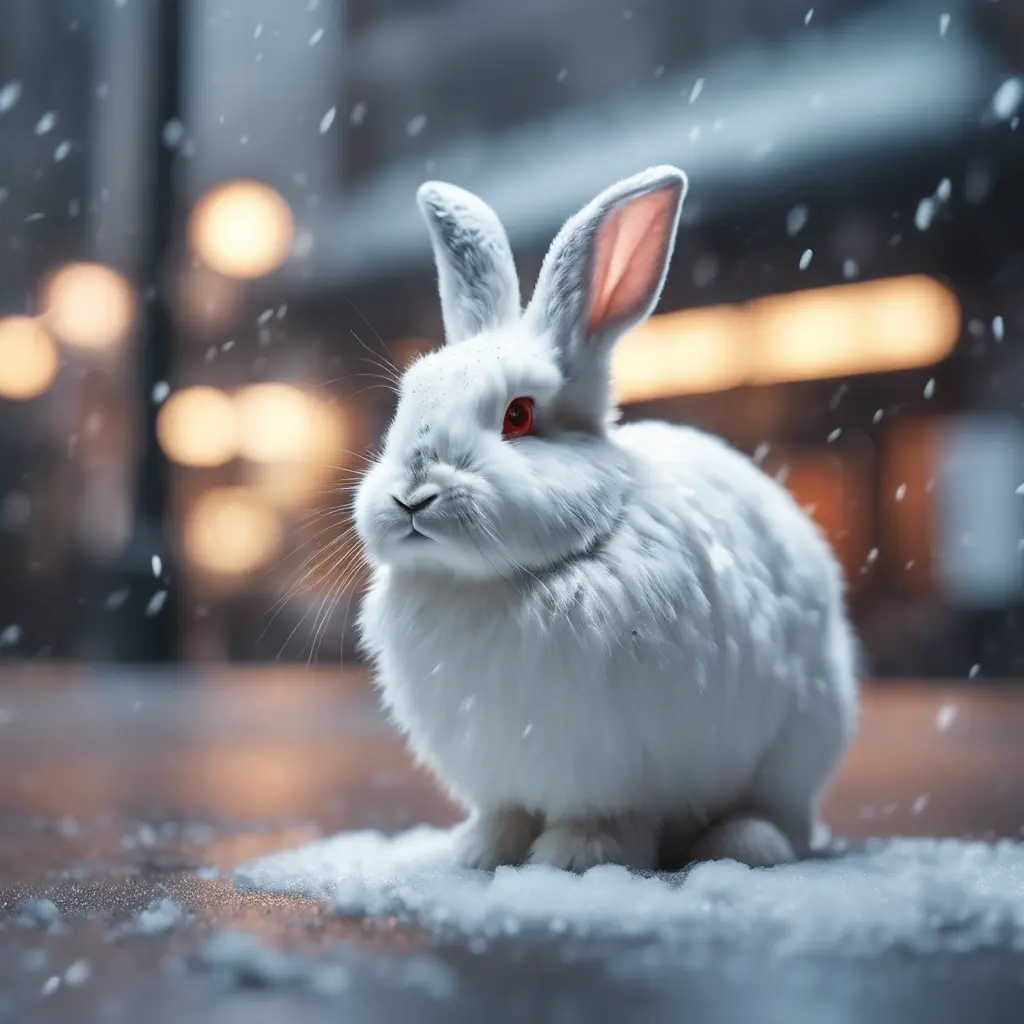 Thin lightweight light cute fluffy rabbit in a snowy Tokyo city street, 8k, Award-Winning, Highly Detailed, Minimalism, Stunning, Wallpaper, Cinematic Lighting