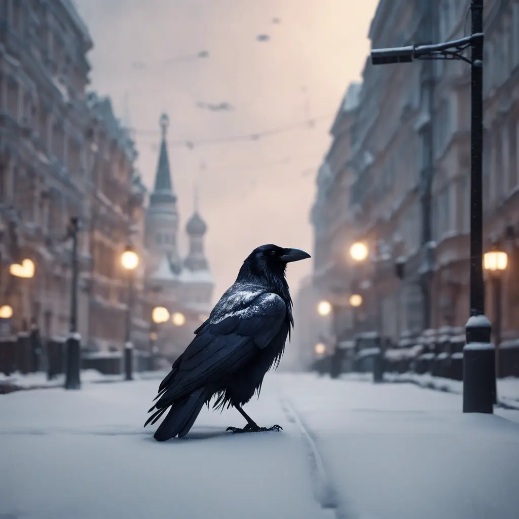 Raven in a snowy Moscow city street, 8k, Award-Winning, Highly Detailed, Minimalism, Stunning, Wallpaper, Cinematic Lighting