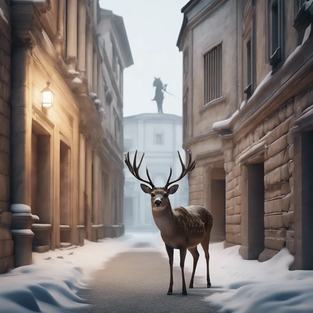 Deer in a snowy Roman city street, 8k, Award-Winning, Highly Detailed, Minimalism, Stunning, Wallpaper, Cinematic Lighting