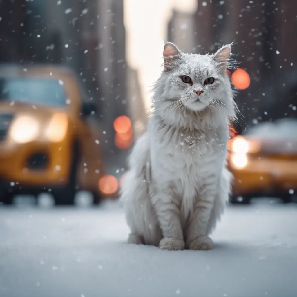 Thin lightweight light cute fluffy cat in a snowy New York city street, 8k, Award-Winning, Highly Detailed, Minimalism, Stunning, Wallpaper, Cinematic Lighting