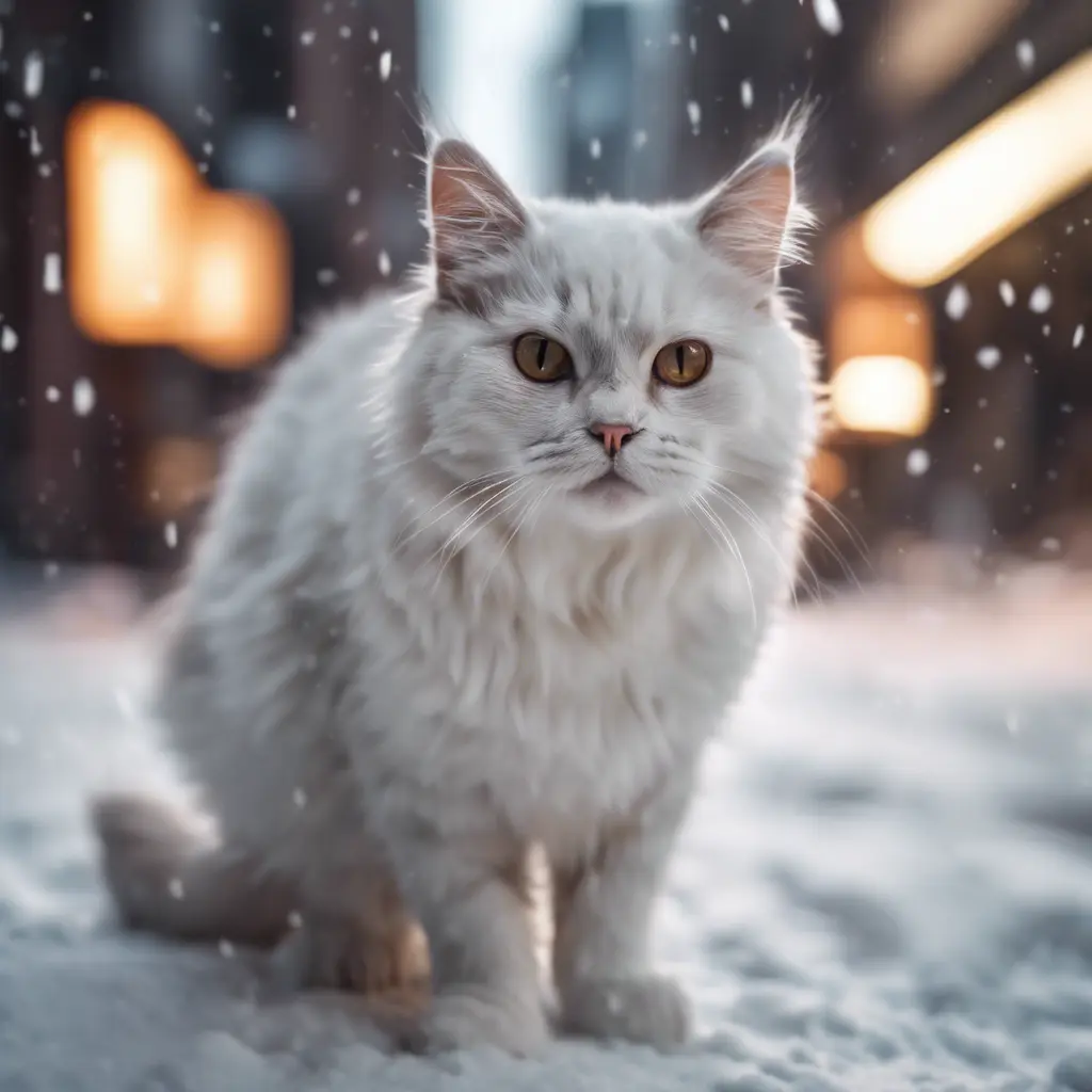 Thin lightweight light cute fluffy cat in a snowy New York city street, 8k, Award-Winning, Highly Detailed, Minimalism, Stunning, Wallpaper, Cinematic Lighting