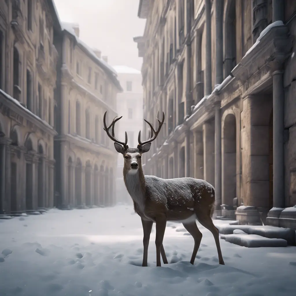 Deer in a snowy Roman city street, 8k, Award-Winning, Highly Detailed, Minimalism, Stunning, Wallpaper, Cinematic Lighting