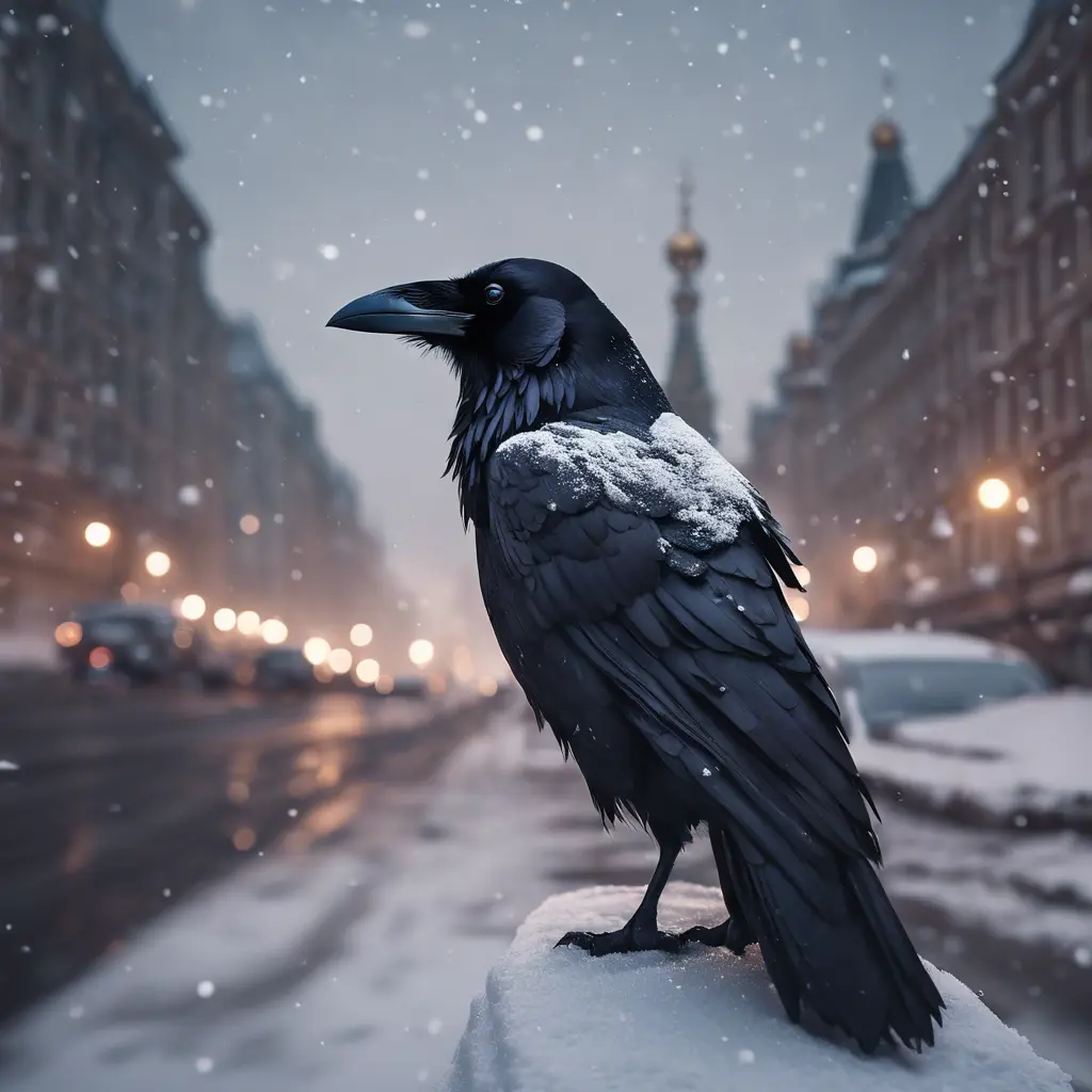 Raven in a snowy Moscow city street, 8k, Award-Winning, Highly Detailed, Minimalism, Stunning, Wallpaper, Cinematic Lighting