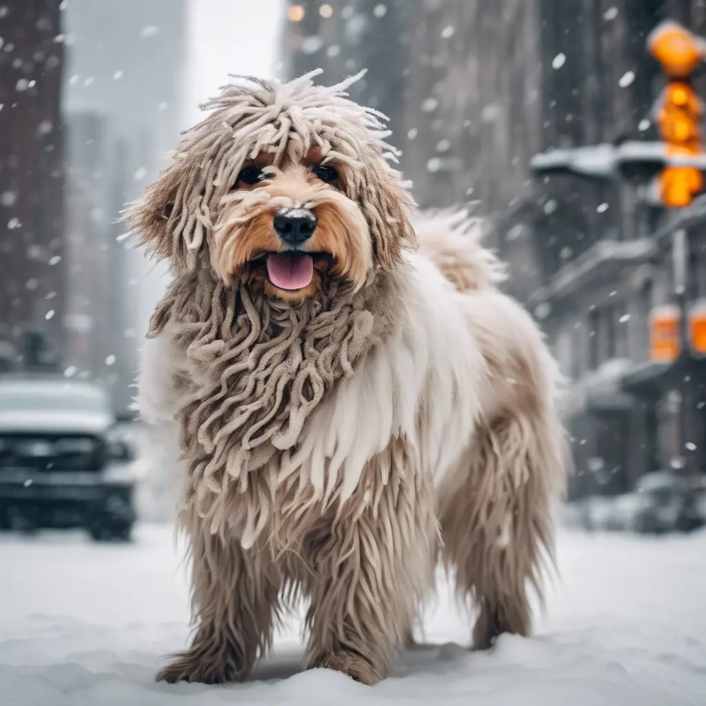 Thin lightweight light cute fluffy dog in heavy snowy New York city street, 8k, Award-Winning, Highly Detailed, Minimalism, Stunning, Wallpaper, Cinematic Lighting