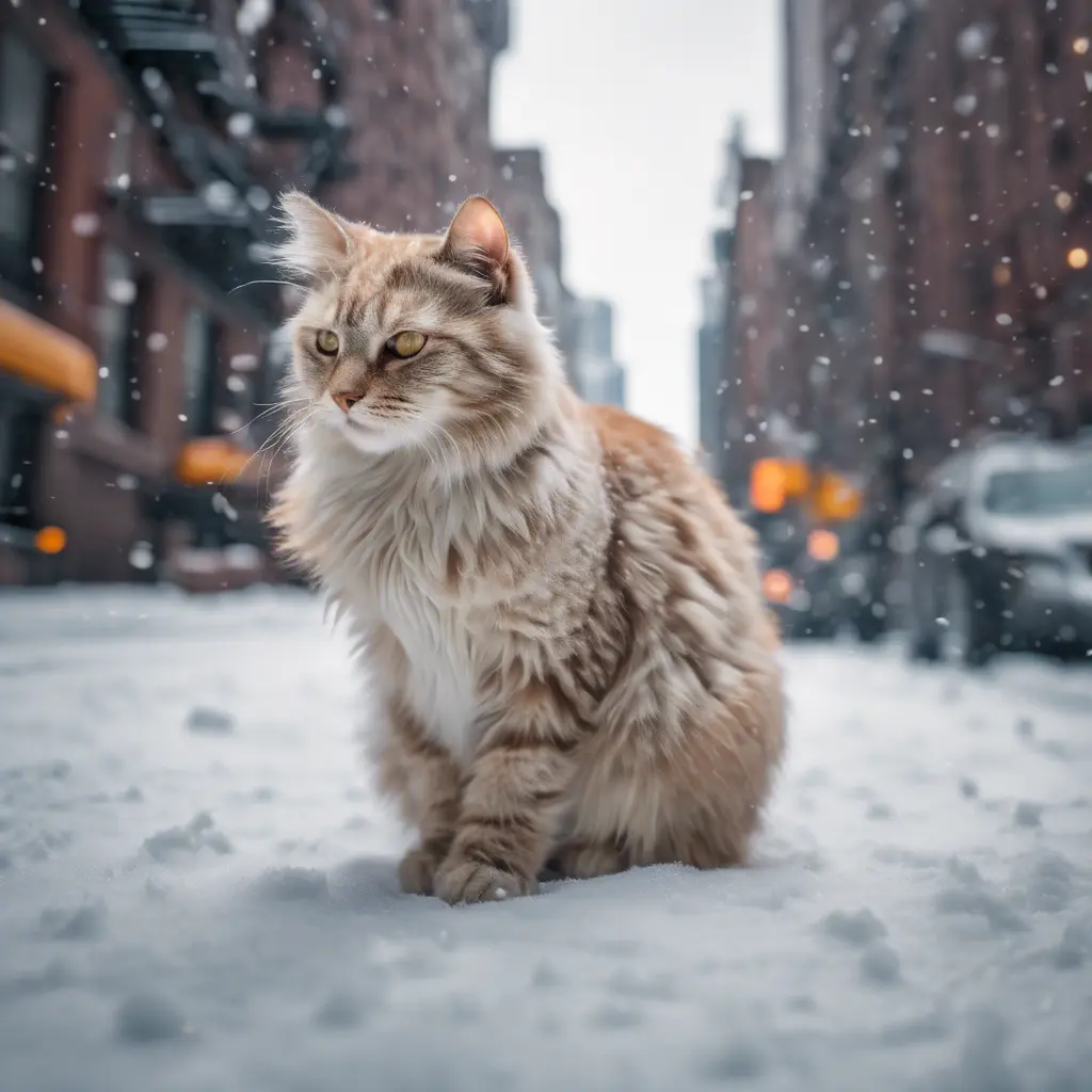 Thin lightweight light cute fluffy cat in a snowy New York city street, 8k, Award-Winning, Highly Detailed, Minimalism, Stunning, Wallpaper, Cinematic Lighting