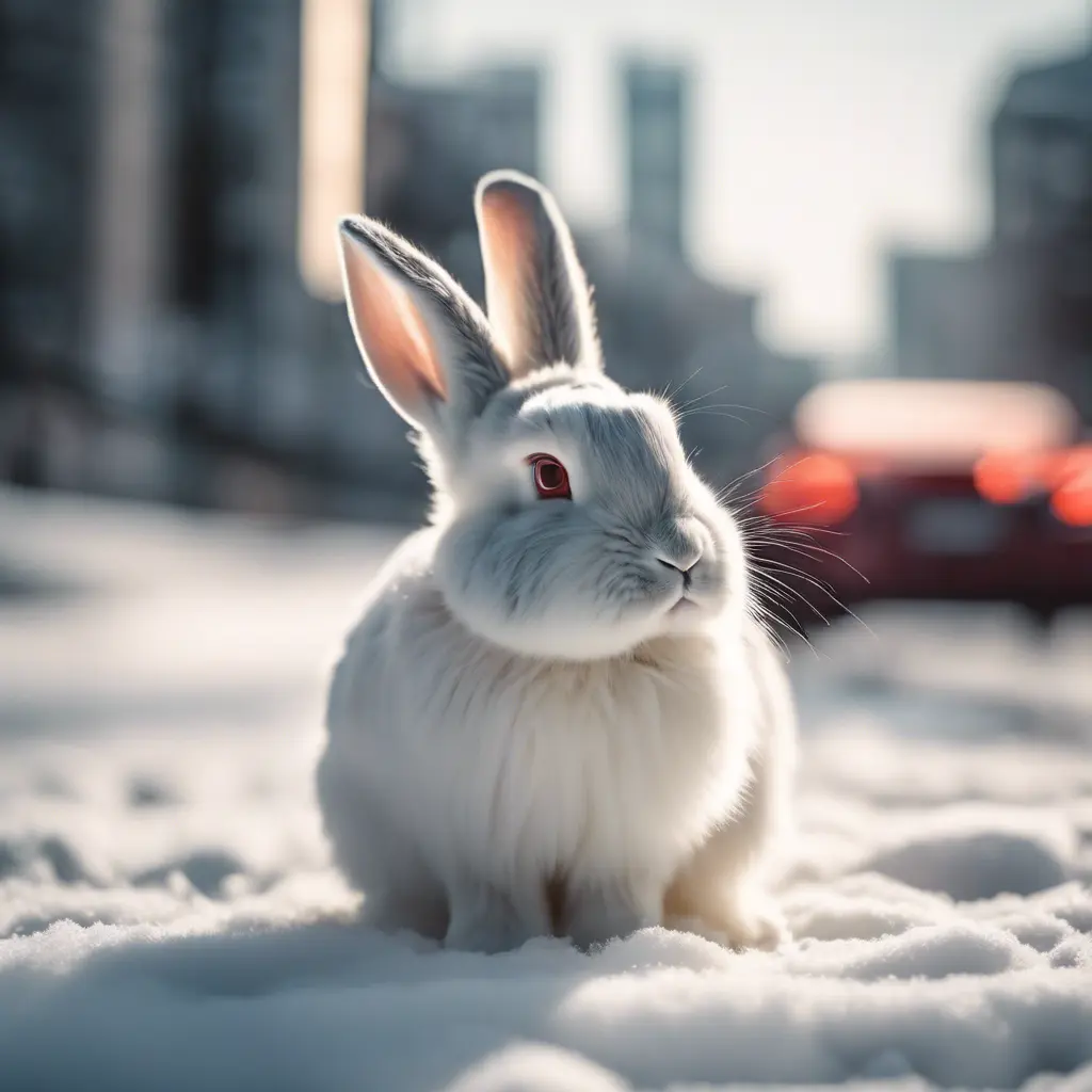 Thin lightweight light cute fluffy rabbit in a snowy Tokyo city street, 8k, Award-Winning, Highly Detailed, Minimalism, Stunning, Wallpaper, Cinematic Lighting