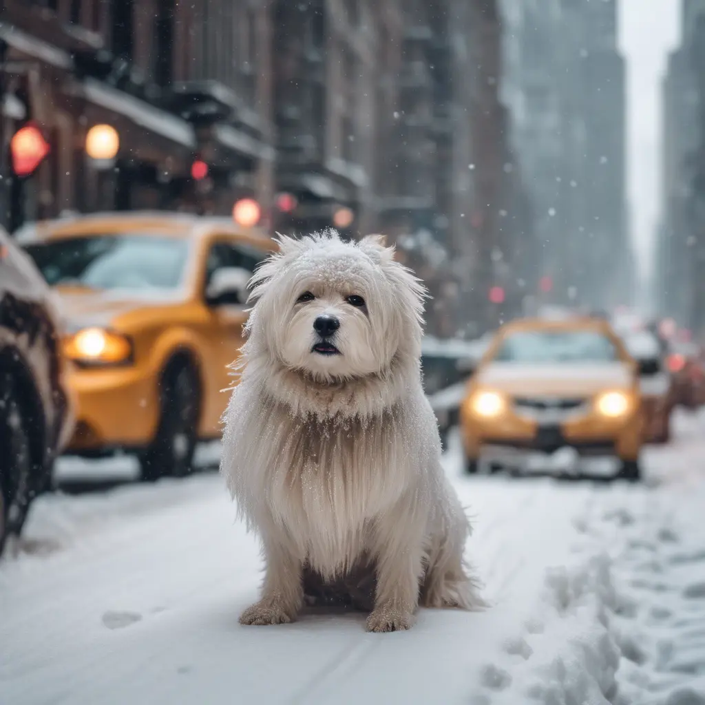 Thin lightweight light cute fluffy dog in heavy snowy New York city street, 8k, Award-Winning, Highly Detailed, Minimalism, Stunning, Wallpaper, Cinematic Lighting