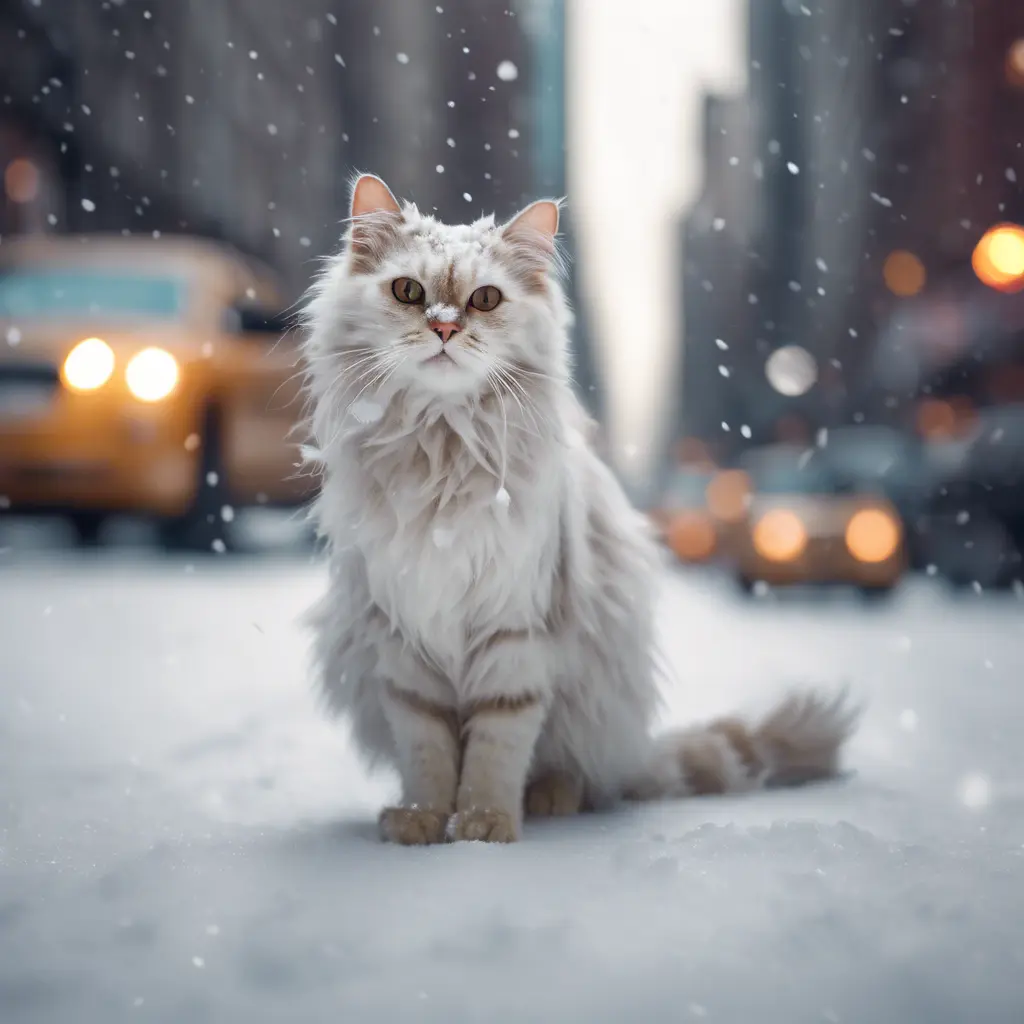 Thin lightweight light cute fluffy cat in a snowy New York city street, 8k, Award-Winning, Highly Detailed, Minimalism, Stunning, Wallpaper, Cinematic Lighting