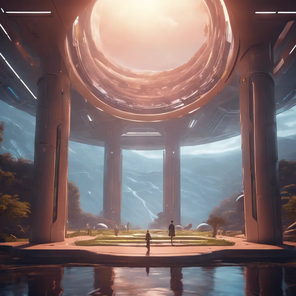 An utopian image of a world built using AI technology, Atmospheric, Sci-Fi, Cinematic Lighting