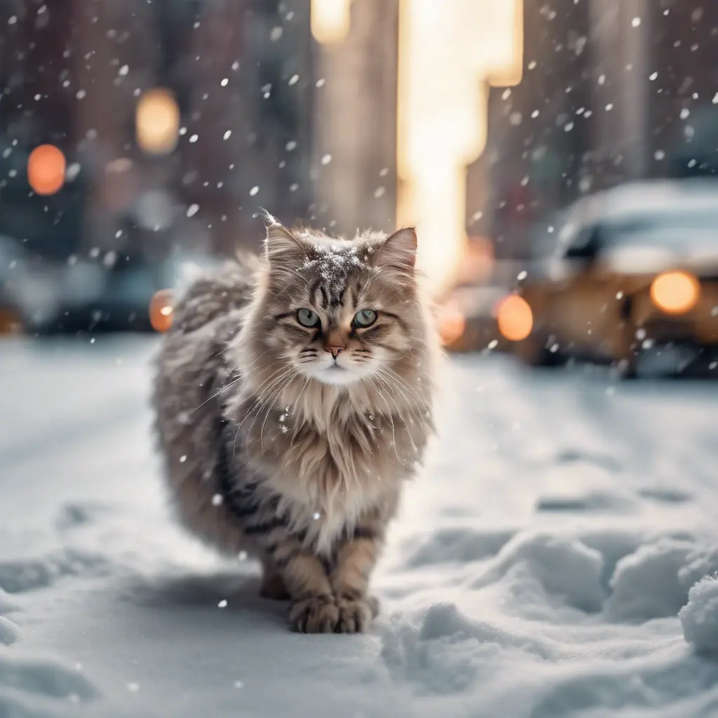 Thin lightweight light cute fluffy cat in a snowy New York city street, 8k, Award-Winning, Highly Detailed, Minimalism, Stunning, Wallpaper, Cinematic Lighting