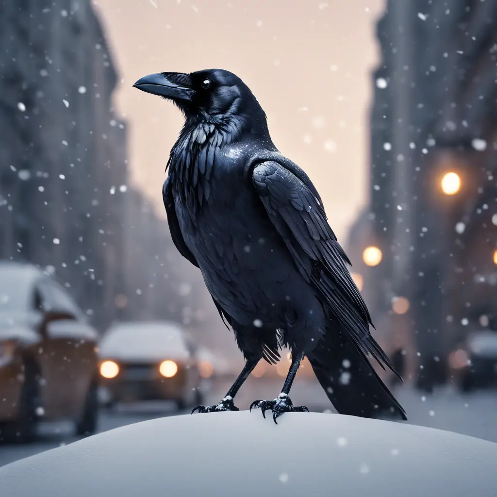 Raven in a snowy Moscow city street, 8k, Award-Winning, Highly Detailed, Minimalism, Stunning, Wallpaper, Cinematic Lighting