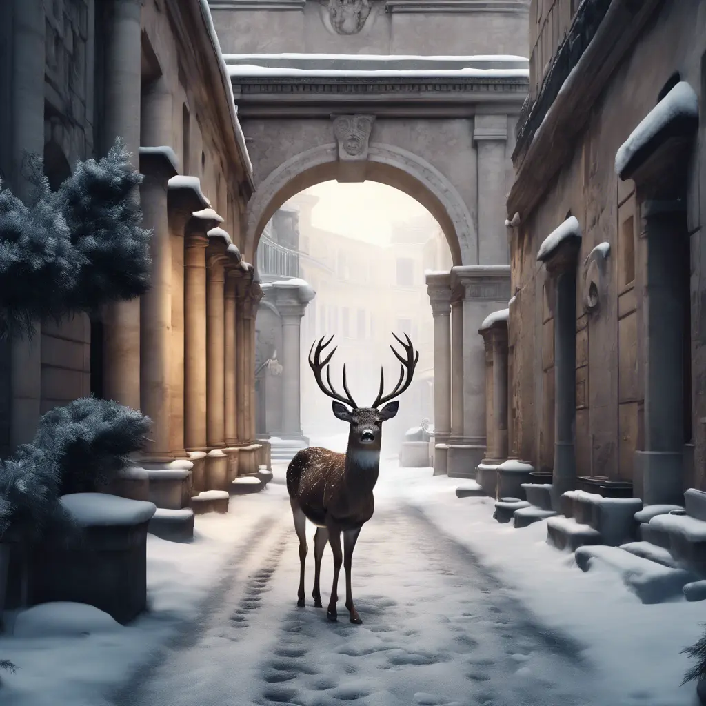 Deer in a snowy Roman city street, 8k, Award-Winning, Highly Detailed, Minimalism, Stunning, Wallpaper, Cinematic Lighting