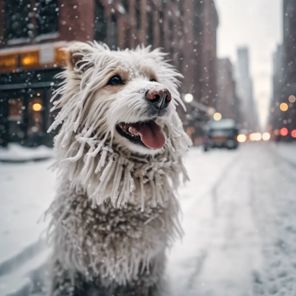 Thin lightweight light cute fluffy dog in heavy snowy New York city street, 8k, Award-Winning, Highly Detailed, Minimalism, Stunning, Wallpaper, Cinematic Lighting