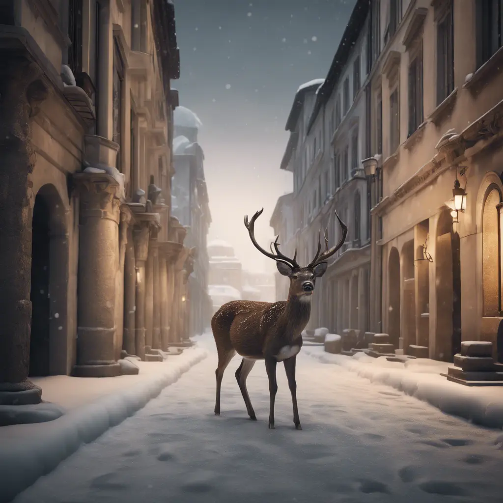 Deer in a snowy Roman city street, 8k, Award-Winning, Highly Detailed, Minimalism, Stunning, Wallpaper, Cinematic Lighting