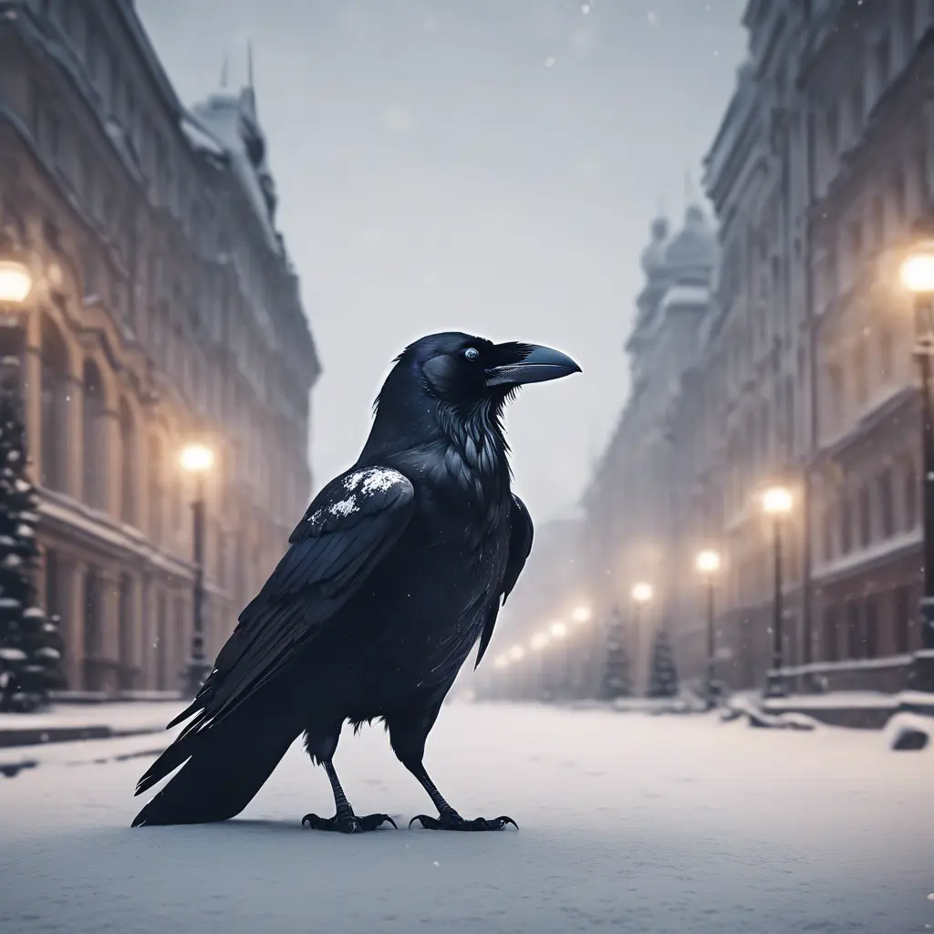 Raven in a snowy Moscow city street, 8k, Award-Winning, Highly Detailed, Minimalism, Stunning, Wallpaper, Cinematic Lighting