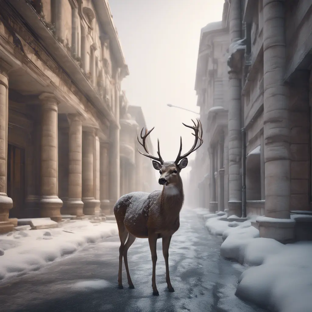 Deer in a snowy Roman city street, 8k, Award-Winning, Highly Detailed, Minimalism, Stunning, Wallpaper, Cinematic Lighting