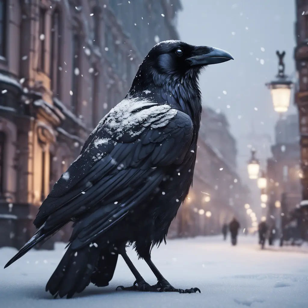 Raven in a snowy Moscow city street, 8k, Award-Winning, Highly Detailed, Minimalism, Stunning, Wallpaper, Cinematic Lighting