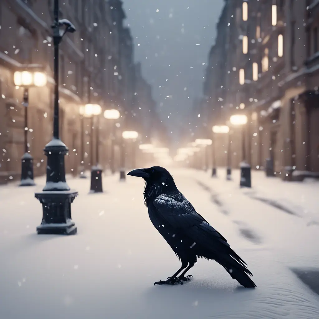 Raven in a snowy Moscow city street, 8k, Award-Winning, Highly Detailed, Minimalism, Stunning, Wallpaper, Cinematic Lighting