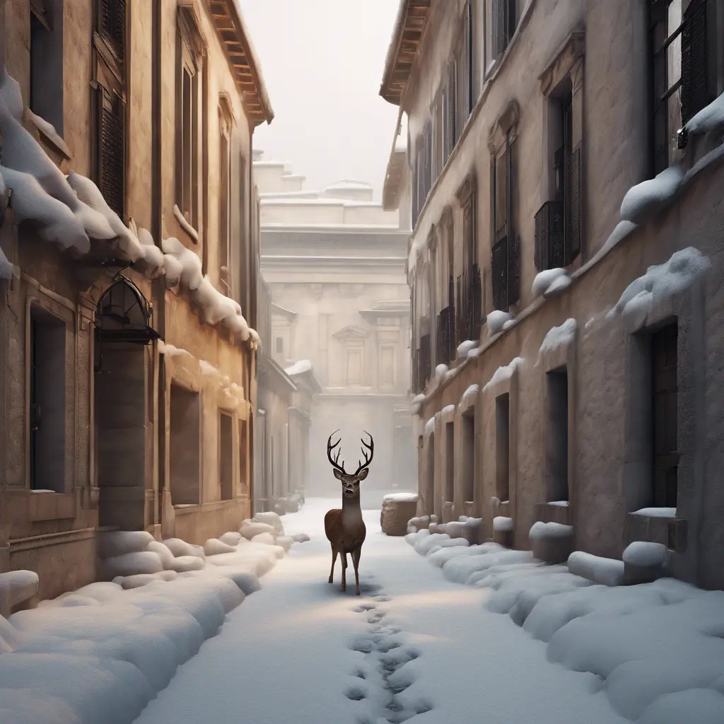 Deer in a snowy Roman city street, 8k, Award-Winning, Highly Detailed, Minimalism, Stunning, Wallpaper, Cinematic Lighting