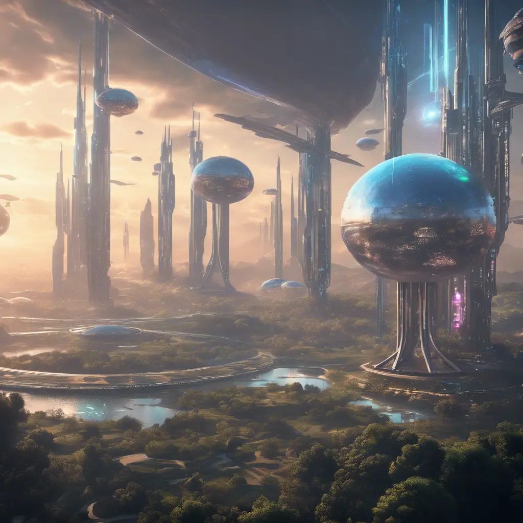 An utopian image of a world built using AI technology, Atmospheric, Sci-Fi, Cinematic Lighting