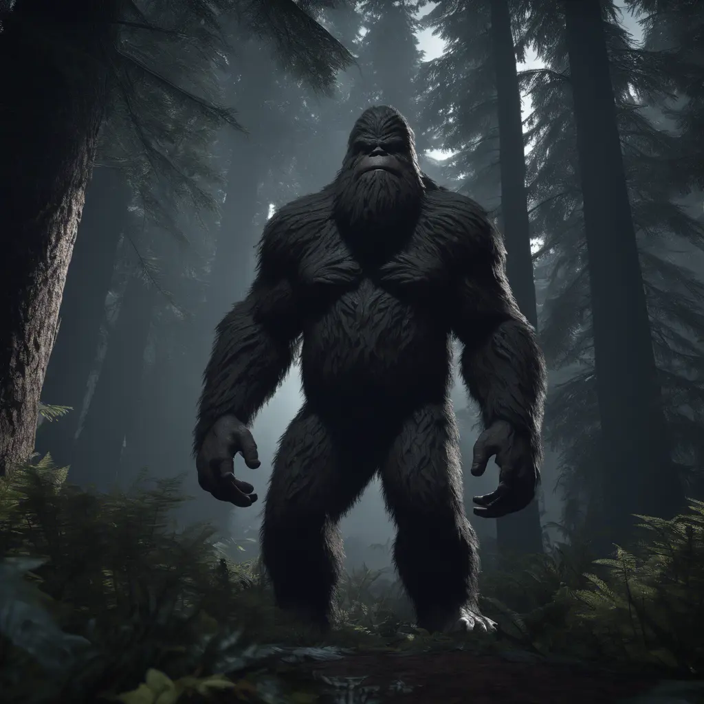 Bigfoot, sasquatch, in a dark forest, 8k, Intricate Details, Full Body, Ray Tracing, Unreal Engine, Moody Lighting