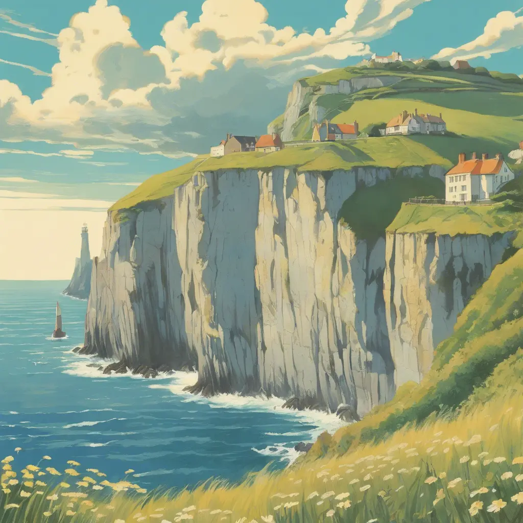 Create a captivating background, Cliffs of Dover in the background. vintage poster paint book cover style design, Highly Detailed, Poster by Studio Ghibli