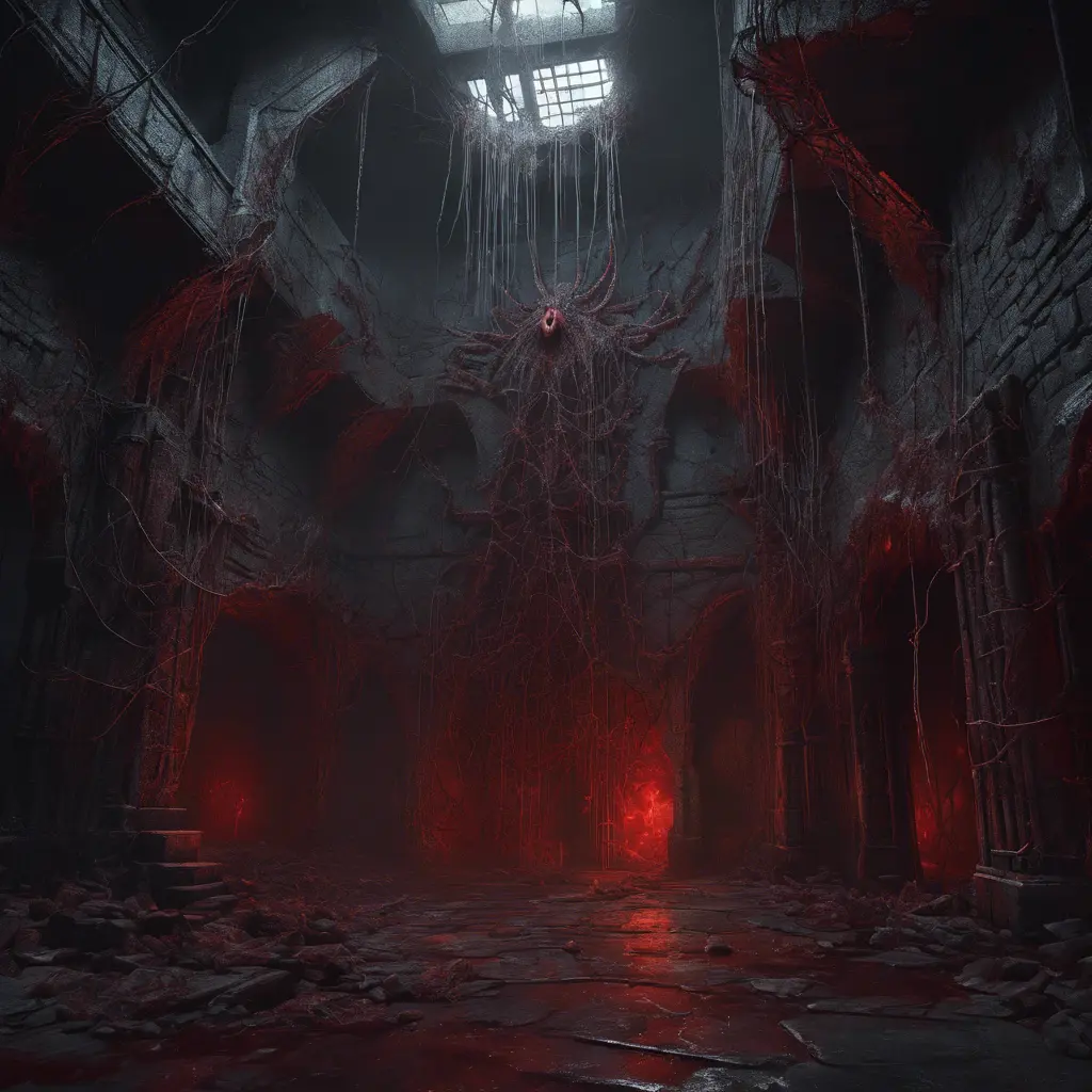 Detailed illustration of dark dungeon, dystopian texture architecture, blood walls, spiders, and cobwebs, 8k, Hyper Detailed, Trending on Artstation, Epic, Deviantart, Beautifully Lit by Greg Rutkowski