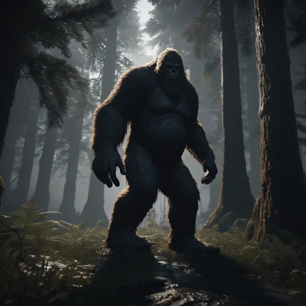 Bigfoot, sasquatch, in a dark forest, 8k, Intricate Details, Full Body, Ray Tracing, Unreal Engine, Moody Lighting