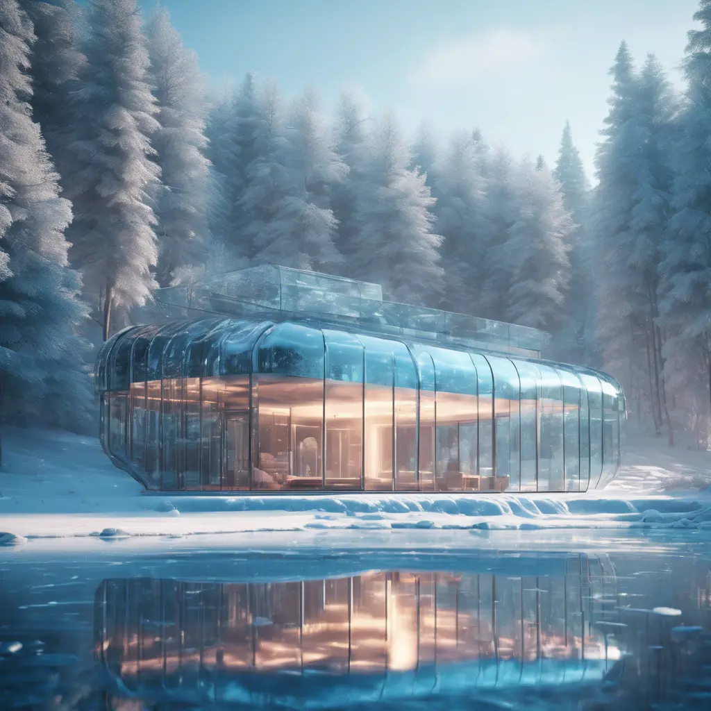 Beautiful futuristic architectural bright glass house in the forest on a giant frozen lake, 8k, Award-Winning, Highly Detailed, Beautiful, Epic, Octane Render, Unreal Engine, Radiant, Volumetric Lighting