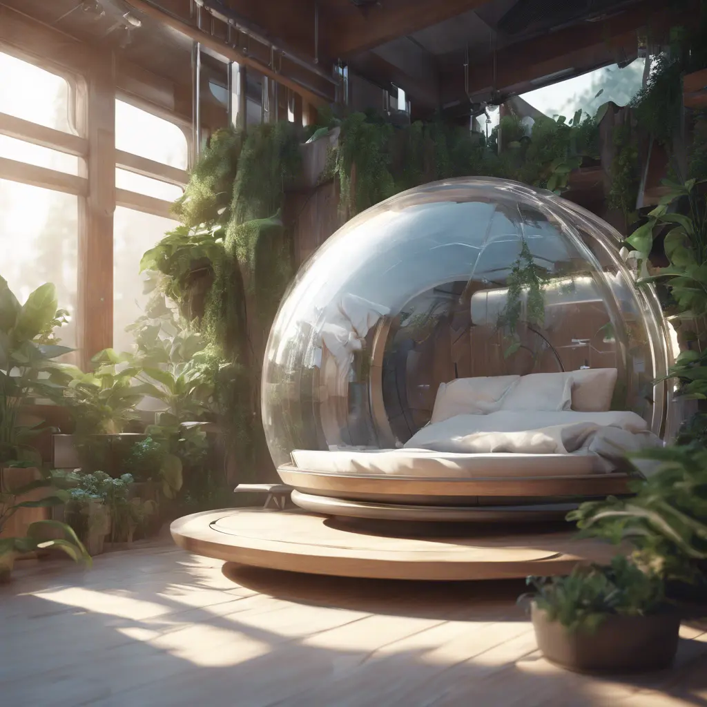 Futuristic sleeping relax pod, transparent orb, plants, natural daytime lighting, natural wooden environment, flat design, product-view, 8k, Futuristic, Sci-Fi, Natural Light by WLOP