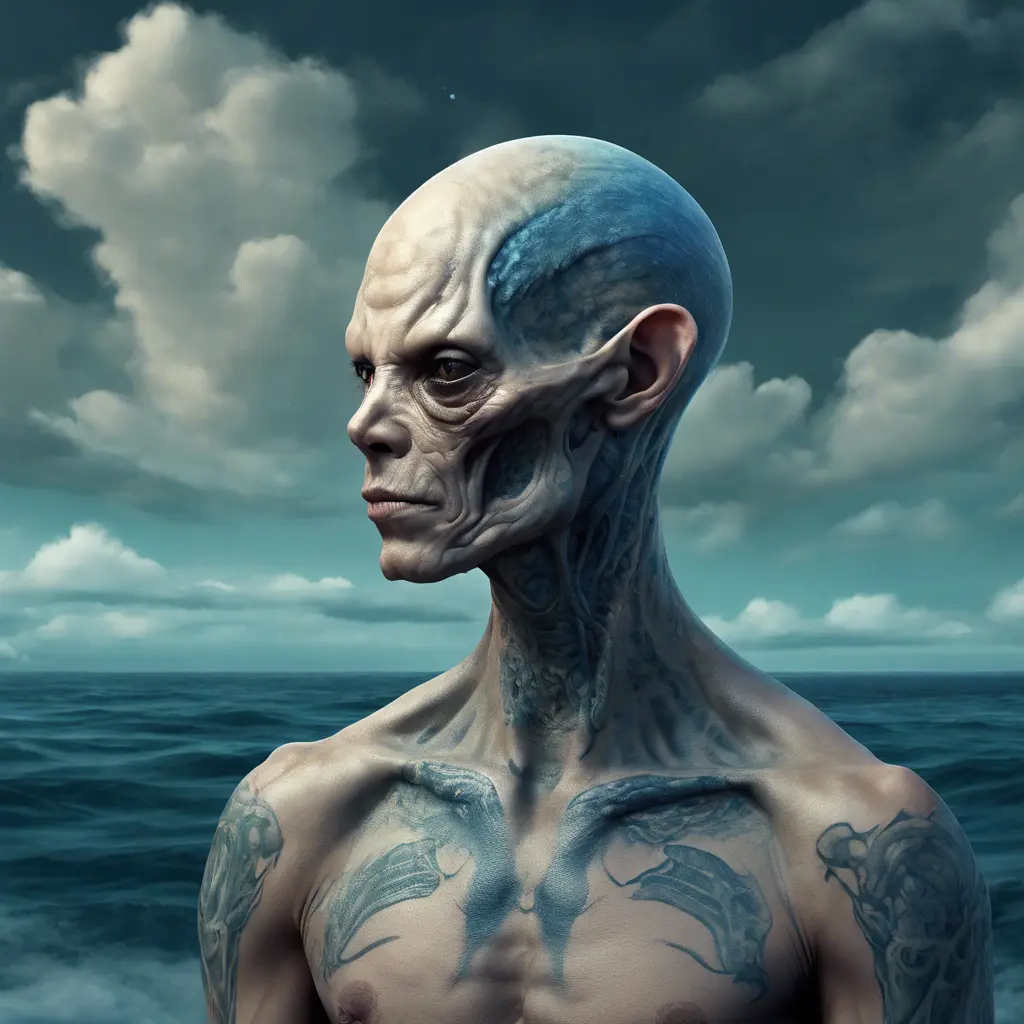 Professional portrait of a tatooed alien race, head with 3d bony growths under the skin on the head normal face full body side view the backdrop sea and clouds the sea is ocean blue, abstract beauty, approaching perfection, delicate face, moonlight, Highly Detailed, Artstation, Vintage Illustration, Digital Painting, Sharp Focus, Smooth, Dynamic Lighting, Concept Art by Carne Griffiths, Wadim Kashin