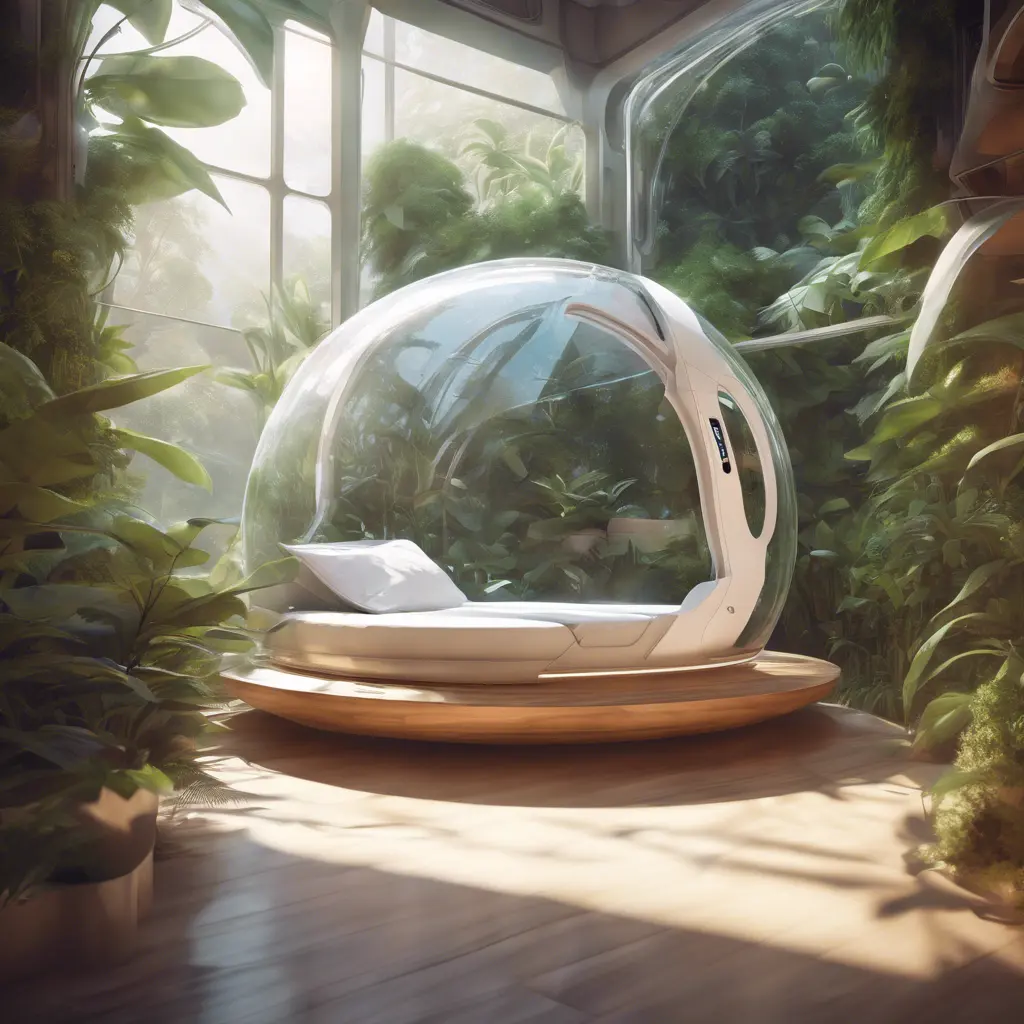 Futuristic sleeping relax pod, transparent orb, plants, natural daytime lighting, natural wooden environment, flat design, product-view, 8k, Futuristic, Sci-Fi, Natural Light by Stanley Artgerm Lau