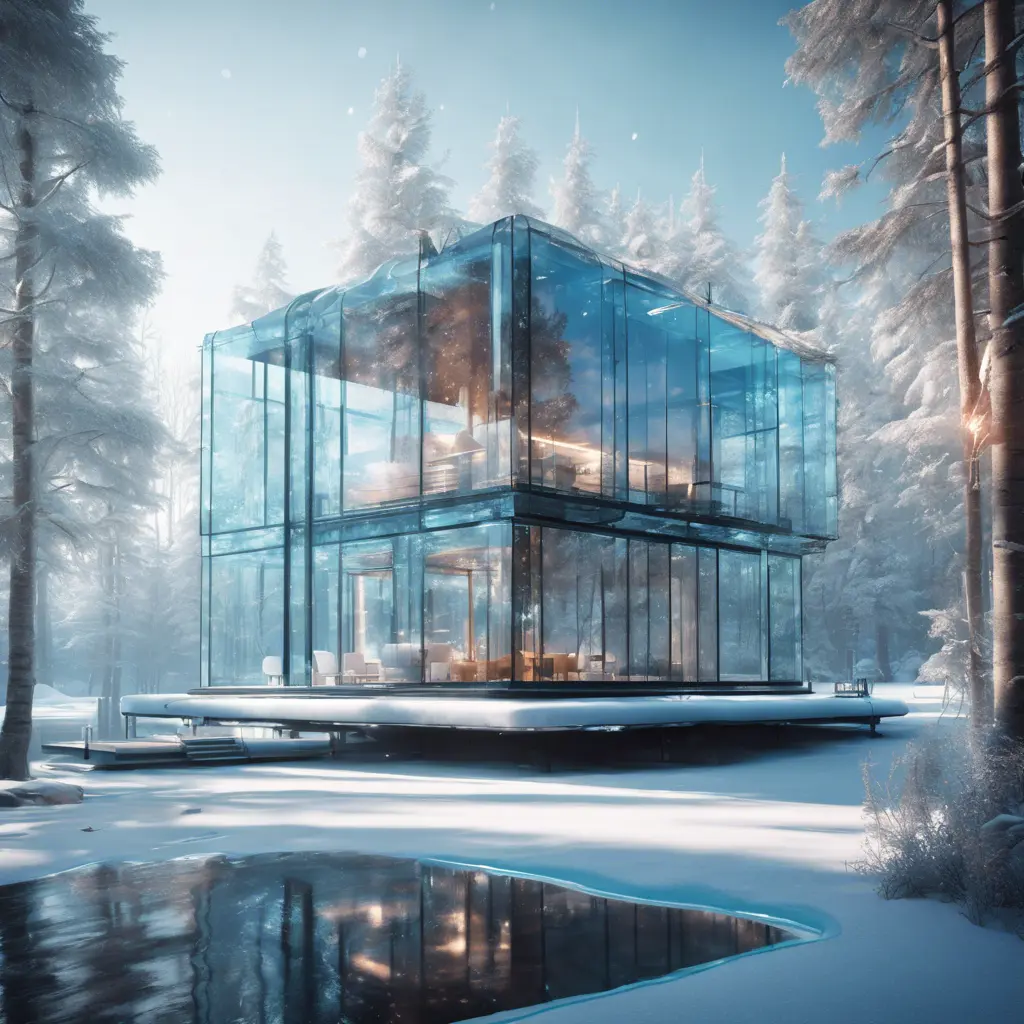 Beautiful futuristic architectural bright glass house in the forest on a giant frozen lake, 8k, Award-Winning, Highly Detailed, Beautiful, Epic, Octane Render, Unreal Engine, Radiant, Volumetric Lighting by Greg Rutkowski