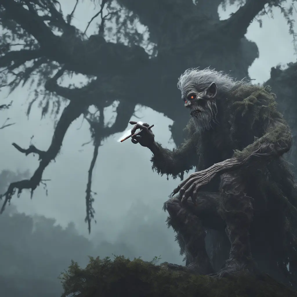 Kapre philippines scary hairy humanoid monster smoking a tobacco on the tree top, forest, foggy weather, Intricate, Artstation, Gothic and Fantasy, Cinematic Lighting, Octane Render, Concept Art