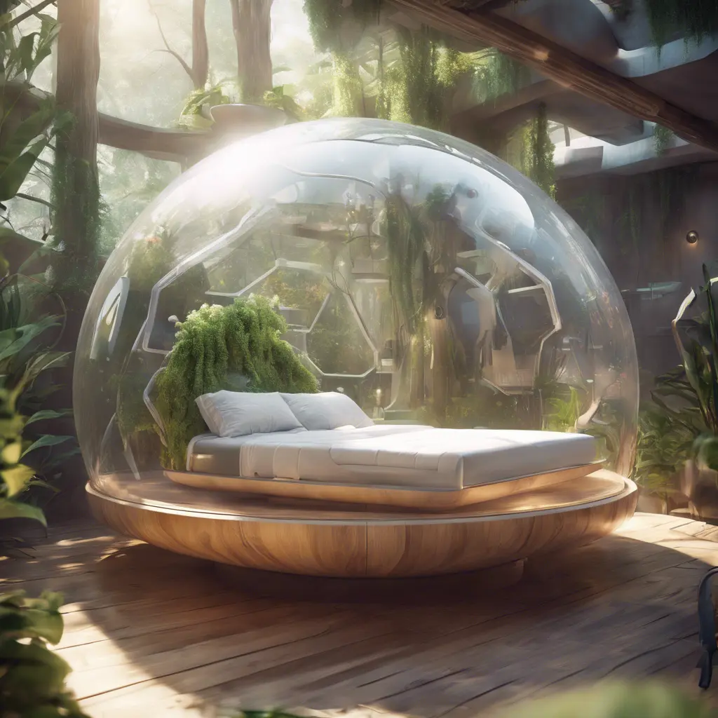 Futuristic sleeping relax pod, transparent orb, plants, natural daytime lighting, natural wooden environment, flat design, product-view, 8k, Futuristic, Sci-Fi, Natural Light by Stefan Kostic