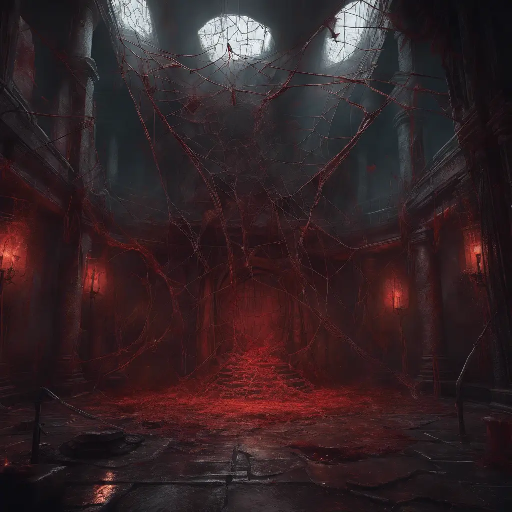 Detailed illustration of dark dungeon, dystopian texture architecture, blood walls, spiders, and cobwebs, 8k, Hyper Detailed, Trending on Artstation, Epic, Deviantart, Beautifully Lit by WLOP