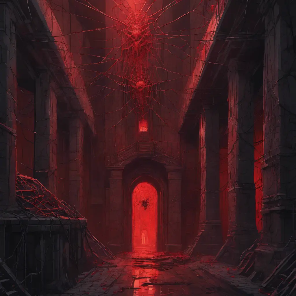 Detailed illustration of dark dungeon, dystopian texture architecture, blood walls, spiders, and cobwebs, 8k, Hyper Detailed, Trending on Artstation, Epic, Deviantart, Beautifully Lit by Alena Aenami