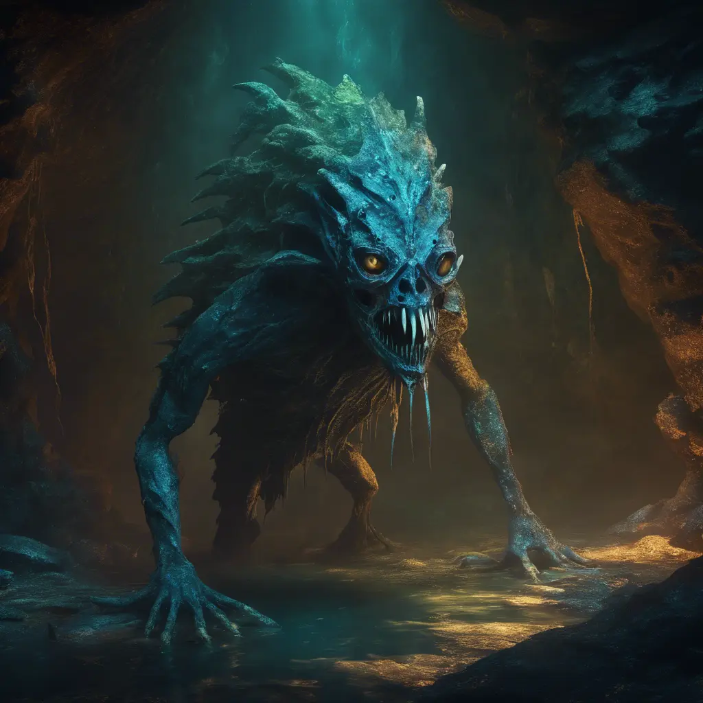 Scary creature in the dephts of a cave cenote, 8k, Highly Detailed, Iridescence, Concept Art, Fantasy, Dark