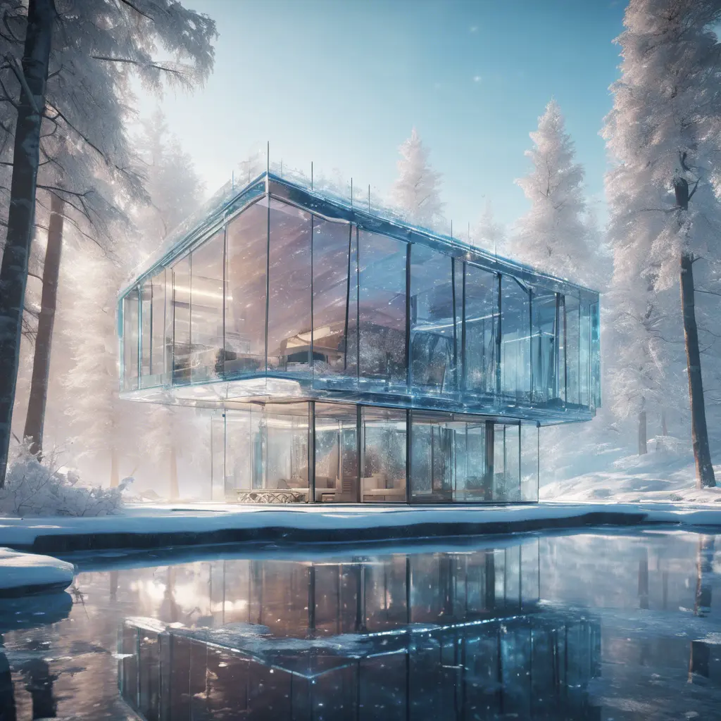 Beautiful futuristic architectural bright glass house in the forest on a giant frozen lake, 8k, Award-Winning, Highly Detailed, Beautiful, Epic, Octane Render, Unreal Engine, Radiant, Volumetric Lighting by Stefan Kostic