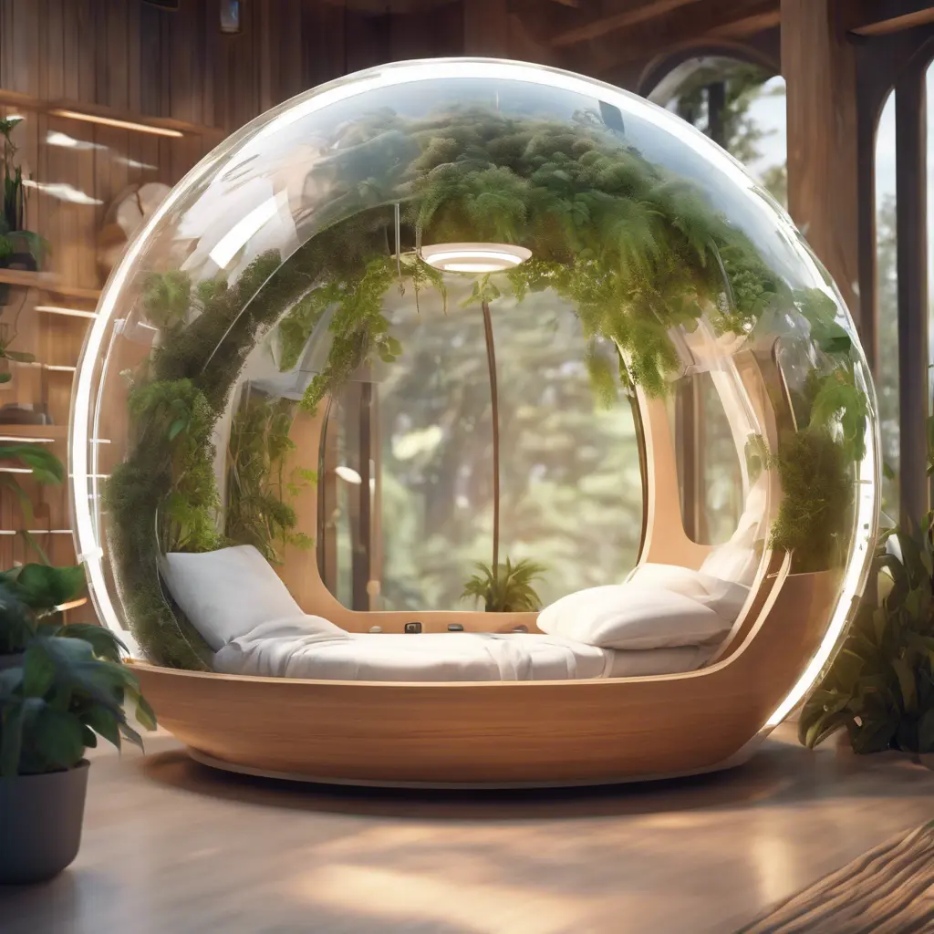 Futuristic sleeping relax pod, transparent orb, plants, natural daytime lighting, natural wooden environment, flat design, product-view, 8k, Futuristic, Sci-Fi, Natural Light