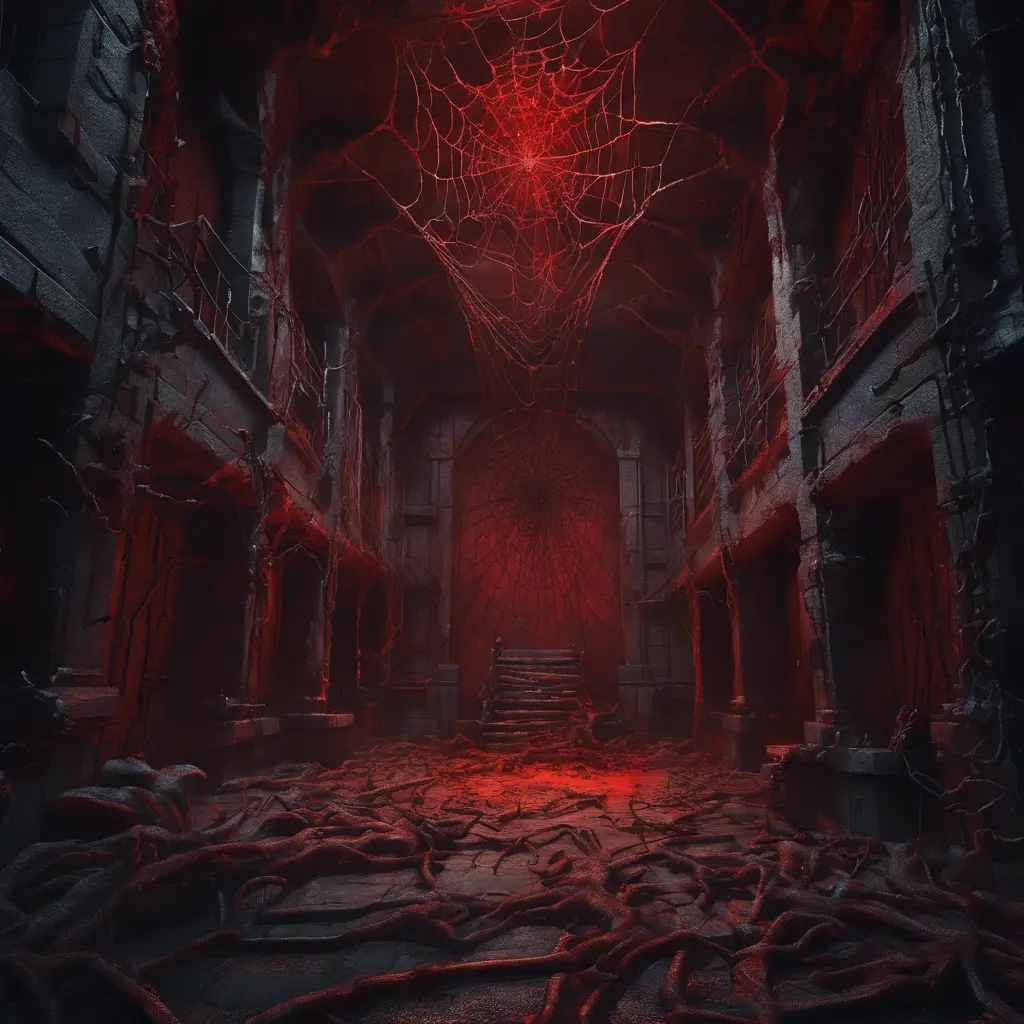 Detailed illustration of dark dungeon, dystopian texture architecture, blood walls, spiders, and cobwebs, 8k, Hyper Detailed, Trending on Artstation, Epic, Deviantart, Beautifully Lit by Stefan Kostic