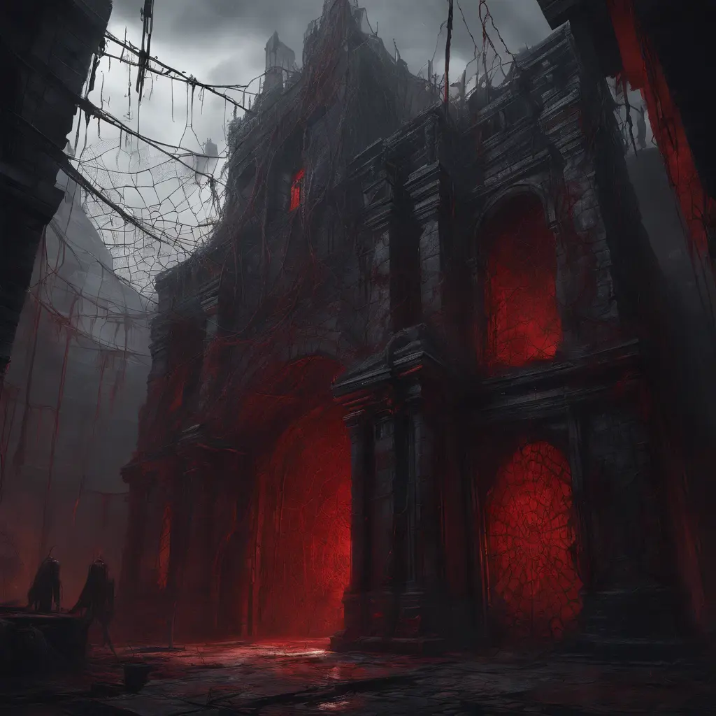 Detailed illustration of dark dungeon, dystopian texture architecture, blood walls, spiders, and cobwebs, 8k, Hyper Detailed, Trending on Artstation, Epic, Deviantart, Beautifully Lit by WLOP