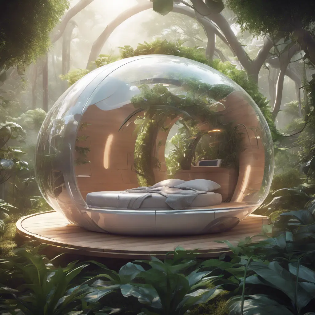 Futuristic sleeping relax pod, transparent orb, plants, natural daytime lighting, natural wooden environment, flat design, product-view, 8k, Futuristic, Sci-Fi, Natural Light by Stanley Artgerm Lau